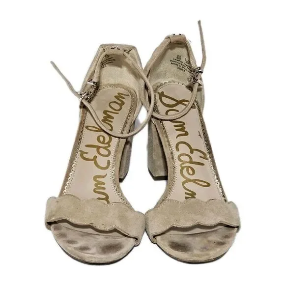 Sam Edelman Odila Scalloped Block Heel Sandals Suede Nude Beige Size 9 Dressy - Picture 3 of 8
